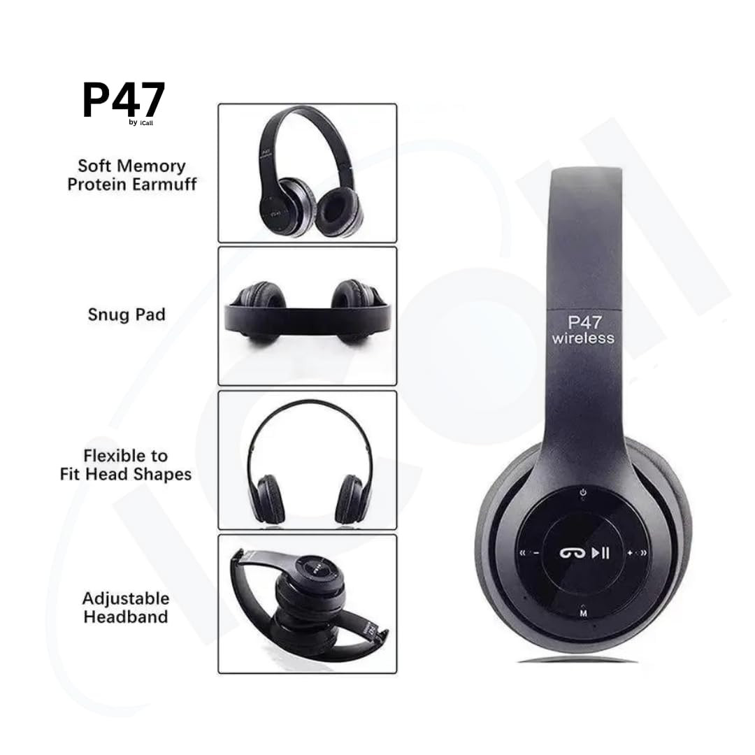 icall P47 Gaming Bluetooth Headphones Over Ear Wireless with Mic Black