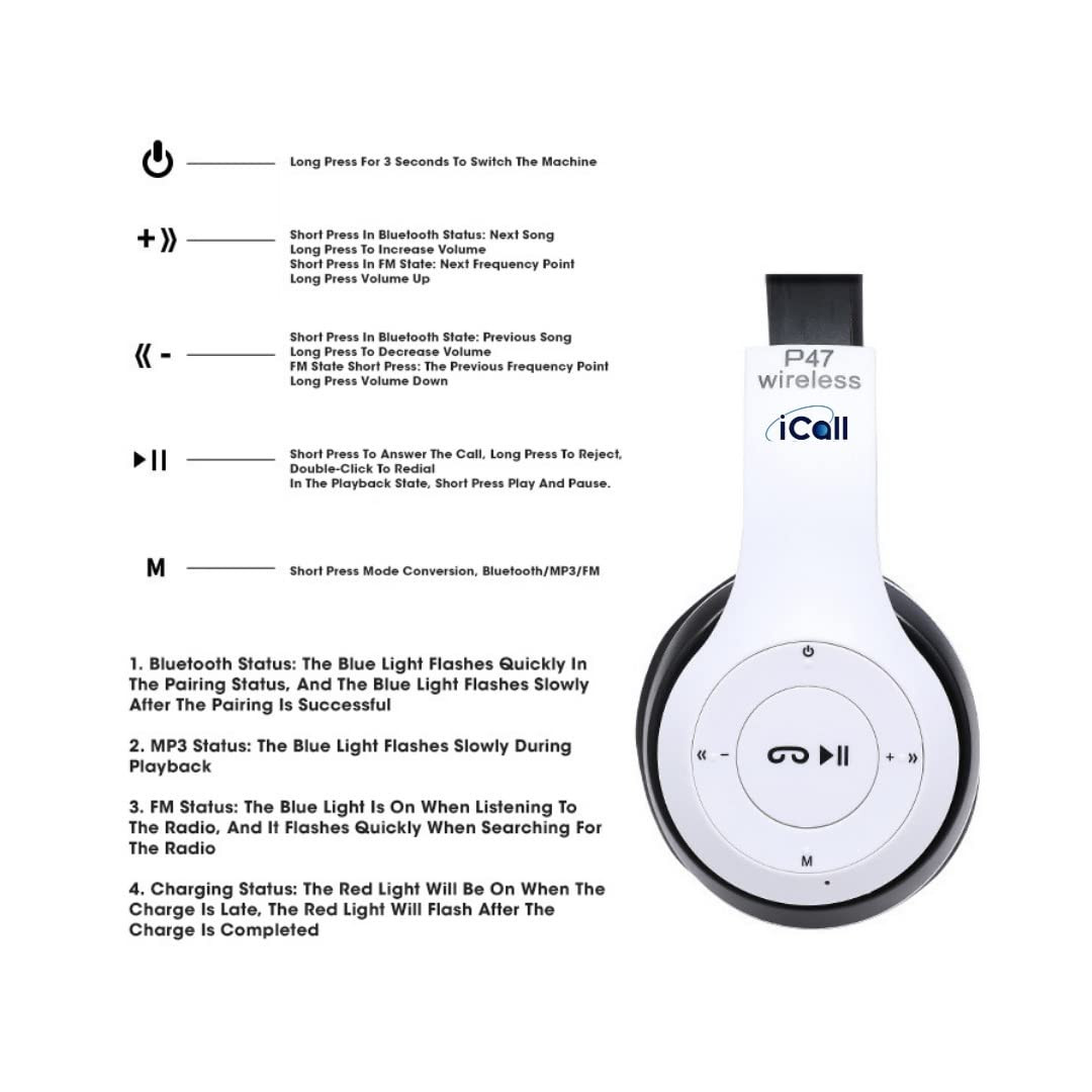 icall P47 Wireless Bluetooth On Ear Headphones 50EDR with Volume Control HD Sound and Bass Mic SD Card Slot Multicolor