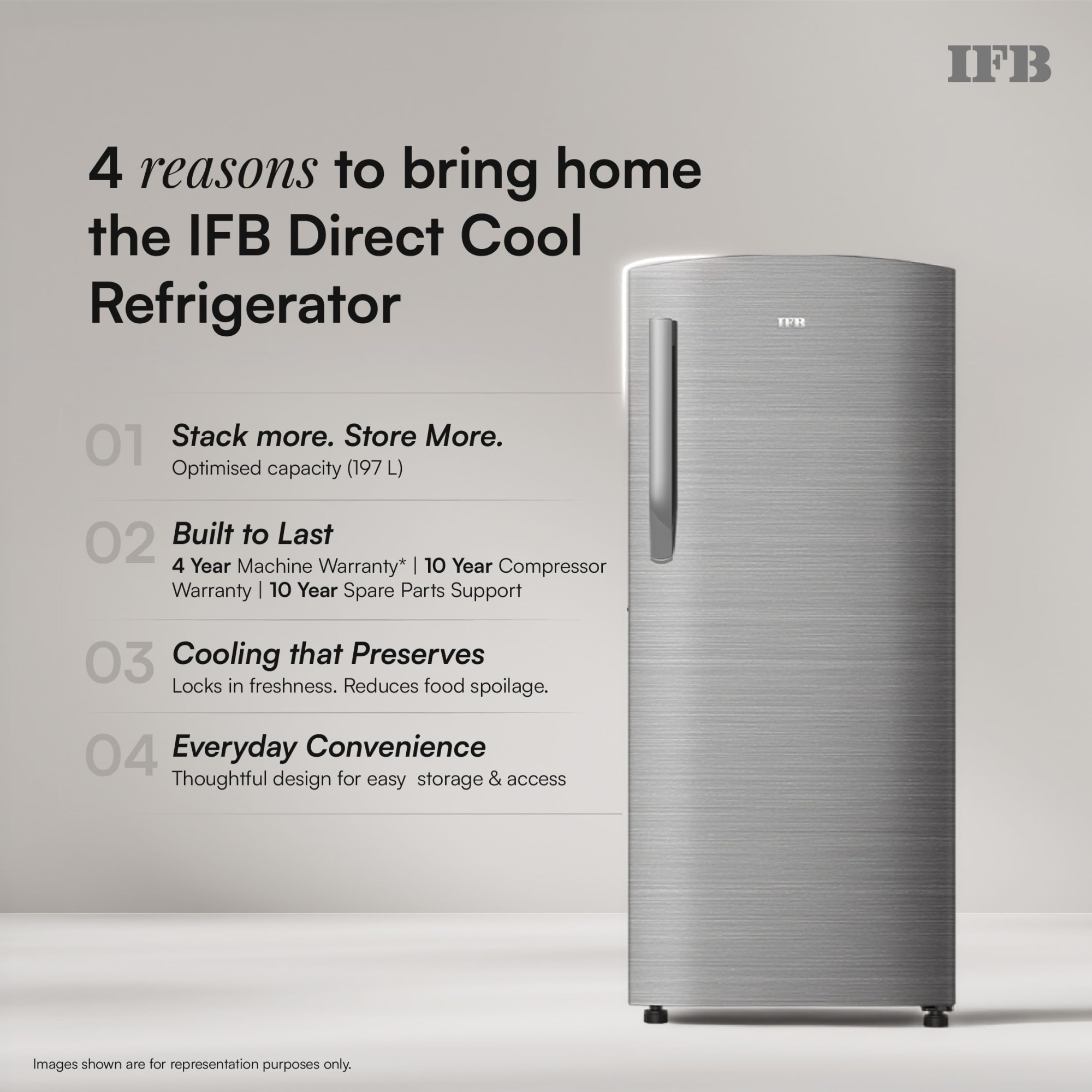 IFB 197L 5 Star Advanced Inverter Direct-Cool Single Door Refrigerator with 30 Hrs Cooling Retention XL Bottle Bin Big Vegetable Box 4 Year Super Warranty 2026 IFBDC-223EYBSE Brush Grey