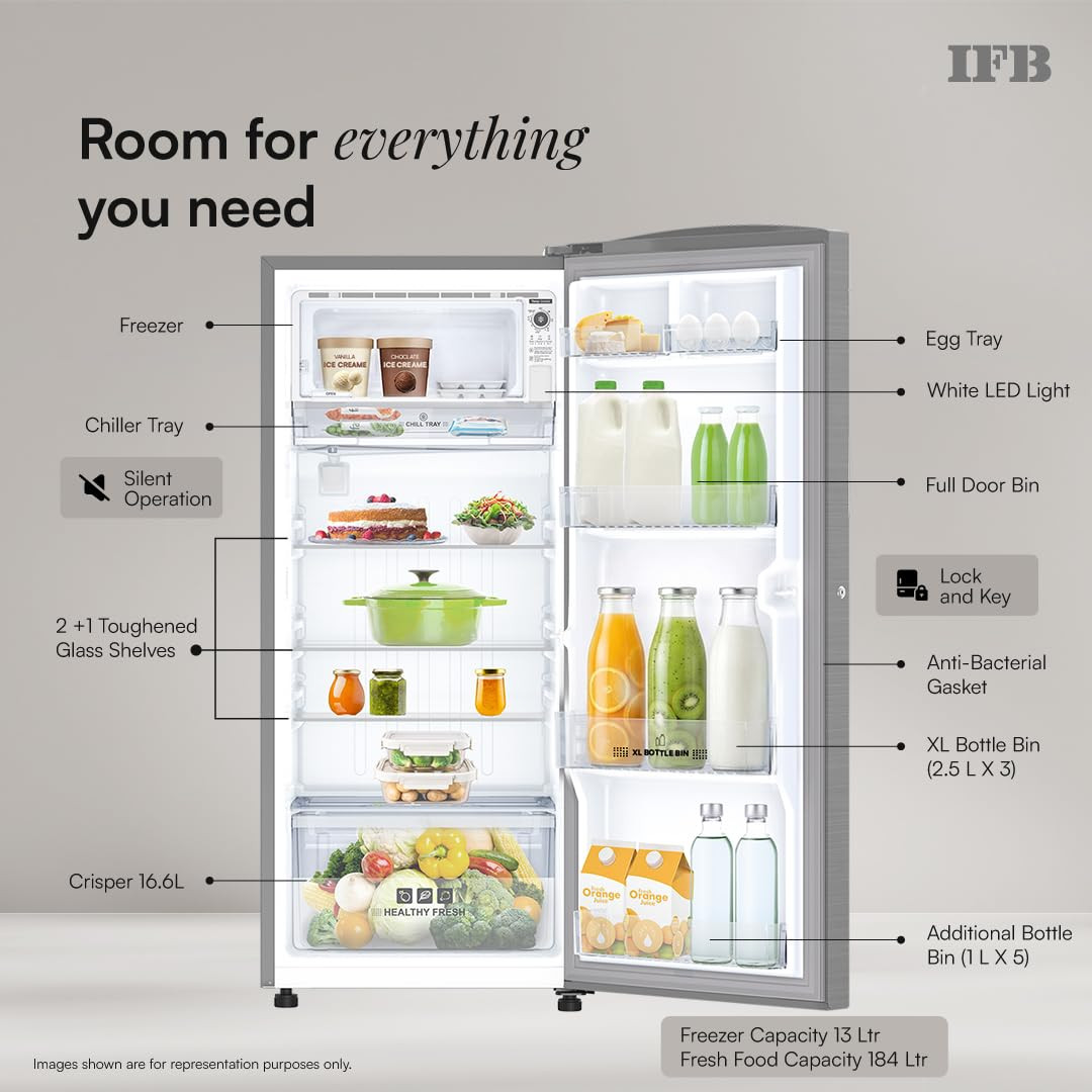 IFB 197L 5 Star Advanced Inverter Direct-Cool Single Door Refrigerator with 30 Hrs Cooling Retention XL Bottle Bin Big Vegetable Box  4 Year Super Warranty 2026 IFBDC-223EYBSE Brush Grey
