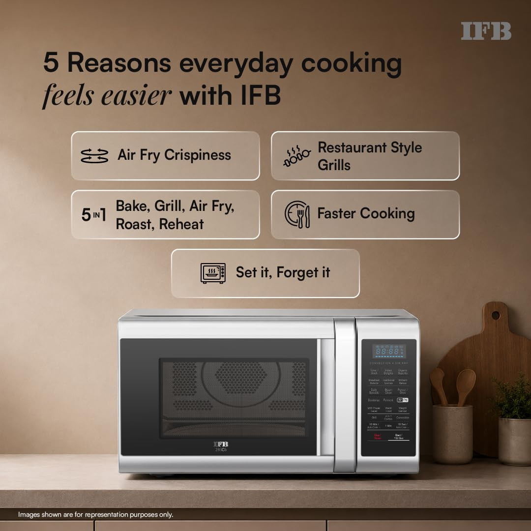 IFB 28 L Convection Microwave with Air Fry Grill  Multi-Stage Cooking Fermentation Homemade PaneerGhee Modes 300 Auto Cook Menus 28SC5 Silver Weight Defrost Steam Clean 10 Power Levels