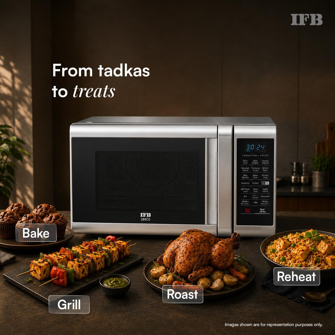 IFB 28 L Convection Microwave with Air Fry Grill  Multi-Stage Cooking Fermentation Homemade PaneerGhee Modes 300 Auto Cook Menus 28SC5 Silver Weight Defrost Steam Clean 10 Power Levels