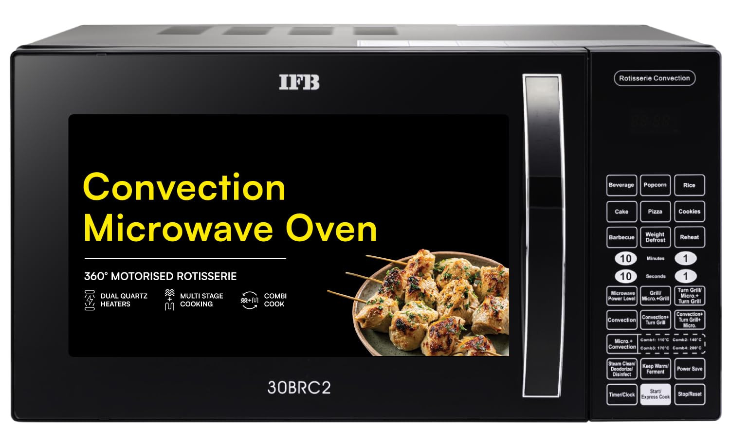 IFB 30L Convection Microwave Oven with 101 Standard Cook Menus 30BRC2 Black 360 Degree Motorized Rotisserie Weight Defrost Steam Clean Grill  4 combi cook modes 10 Power Levels