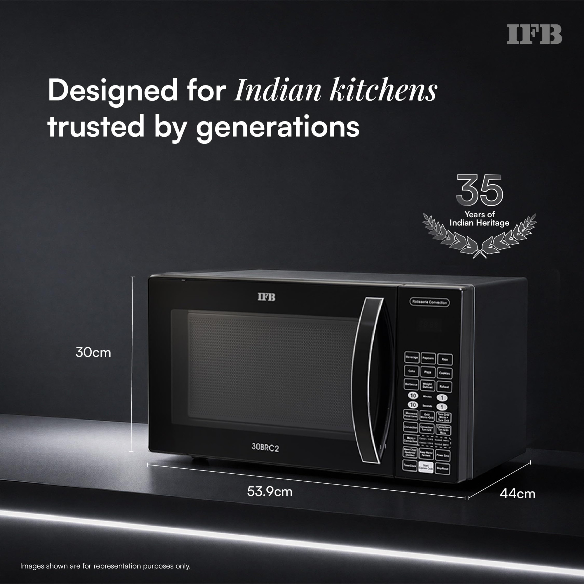 IFB 30L Convection Microwave Oven with 101 Standard Cook Menus 30BRC2 Black 360 Degree Motorized Rotisserie Weight Defrost Steam Clean Grill 4 combi cook modes 10 Power Levels
