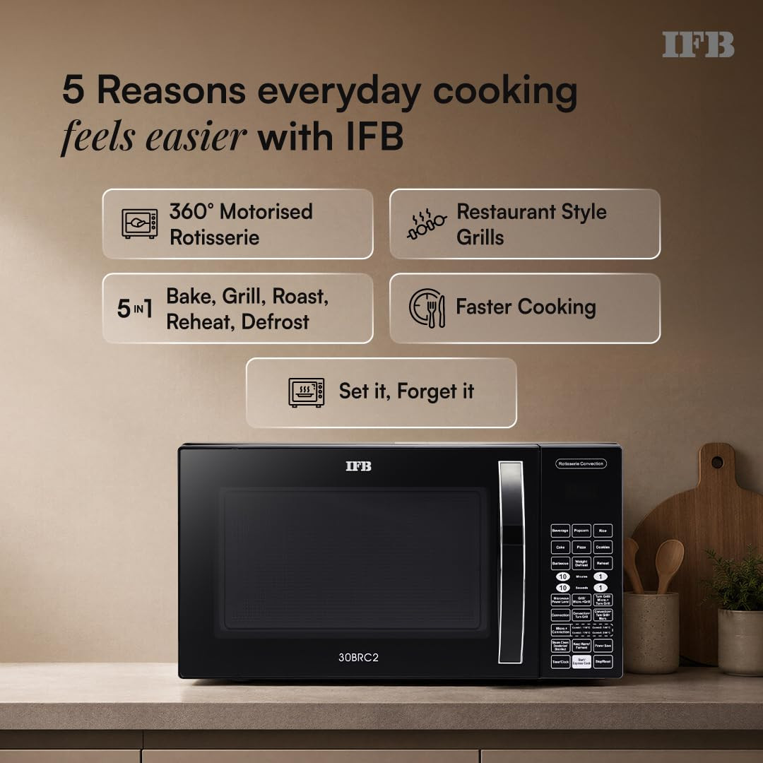 IFB 30L Convection Microwave Oven with 101 Standard Cook Menus 30BRC2 Black 360 Degree Motorized Rotisserie Weight Defrost Steam Clean Grill  4 combi cook modes 10 Power Levels