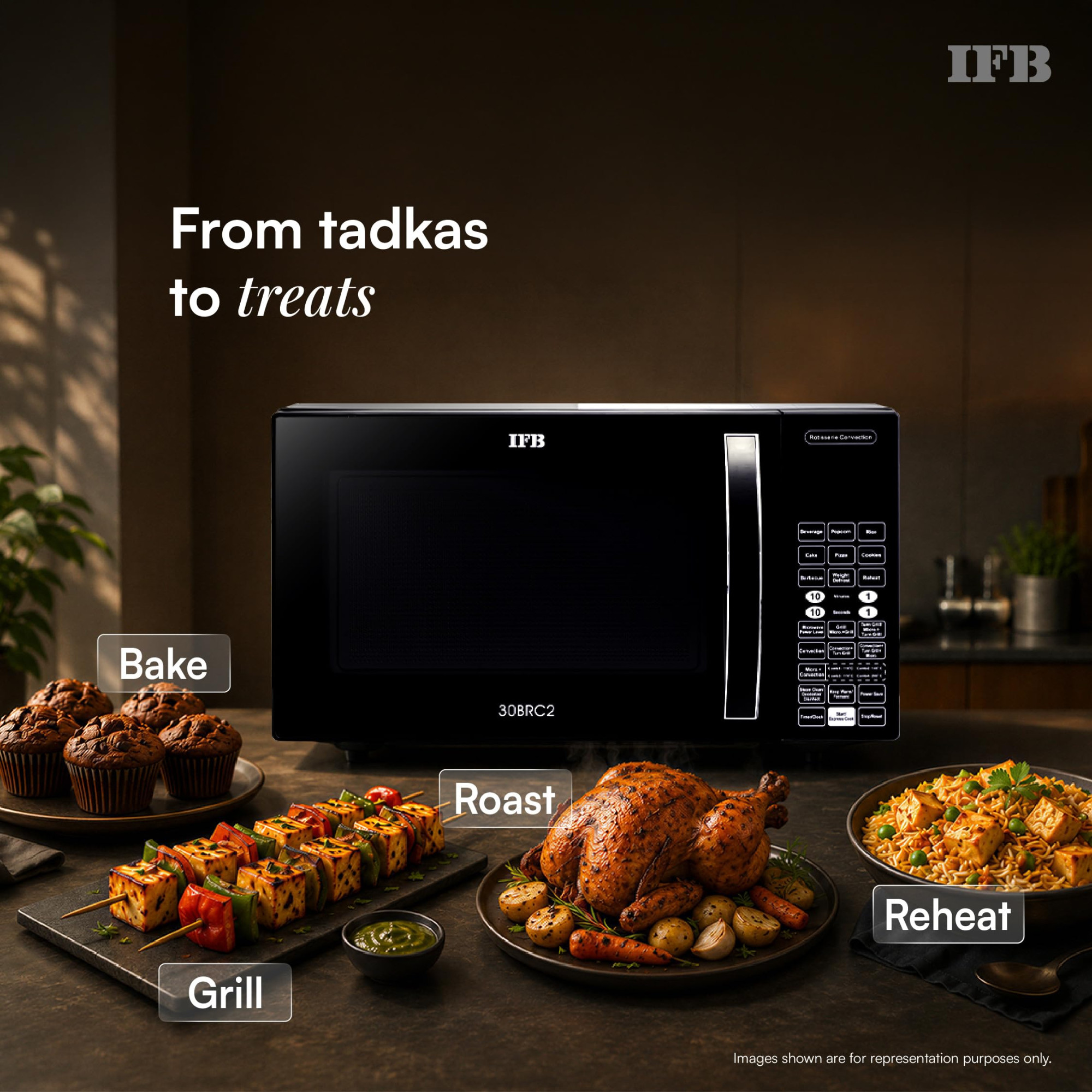 IFB 30L Convection Microwave Oven with 101 Standard Cook Menus 30BRC2 Black 360 Degree Motorized Rotisserie Weight Defrost Steam Clean Grill 4 combi cook modes 10 Power Levels