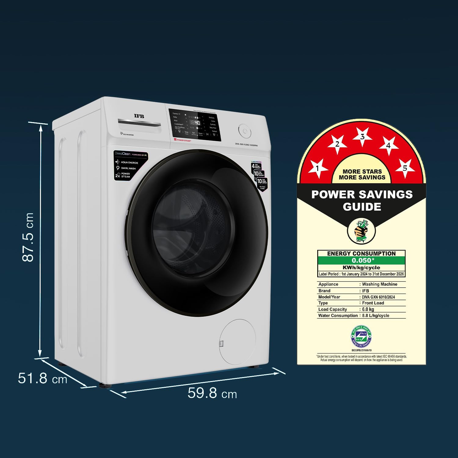 IFB 6 Kg 5 Star Powered by AI with 9 Swirl Wash Fully Automatic Front Load Washing Machine DIVA GXN 6010 Steam Refresh Program with Eco Inverter Grey