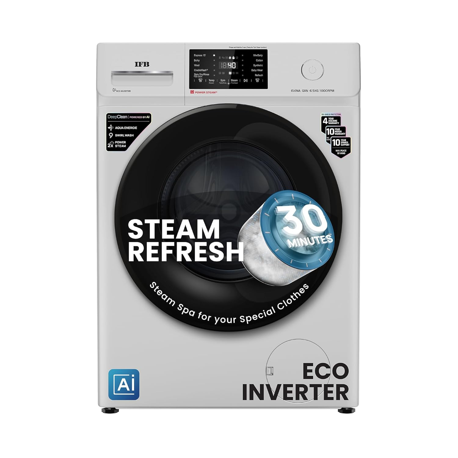 IFB 65 Kg 5 Star Powered by AI with 9 Swirl Wash Fully Automatic Front Load Washing Machine ELENA GXN 6510 Steam Refresh Program with Eco Inverter Grey