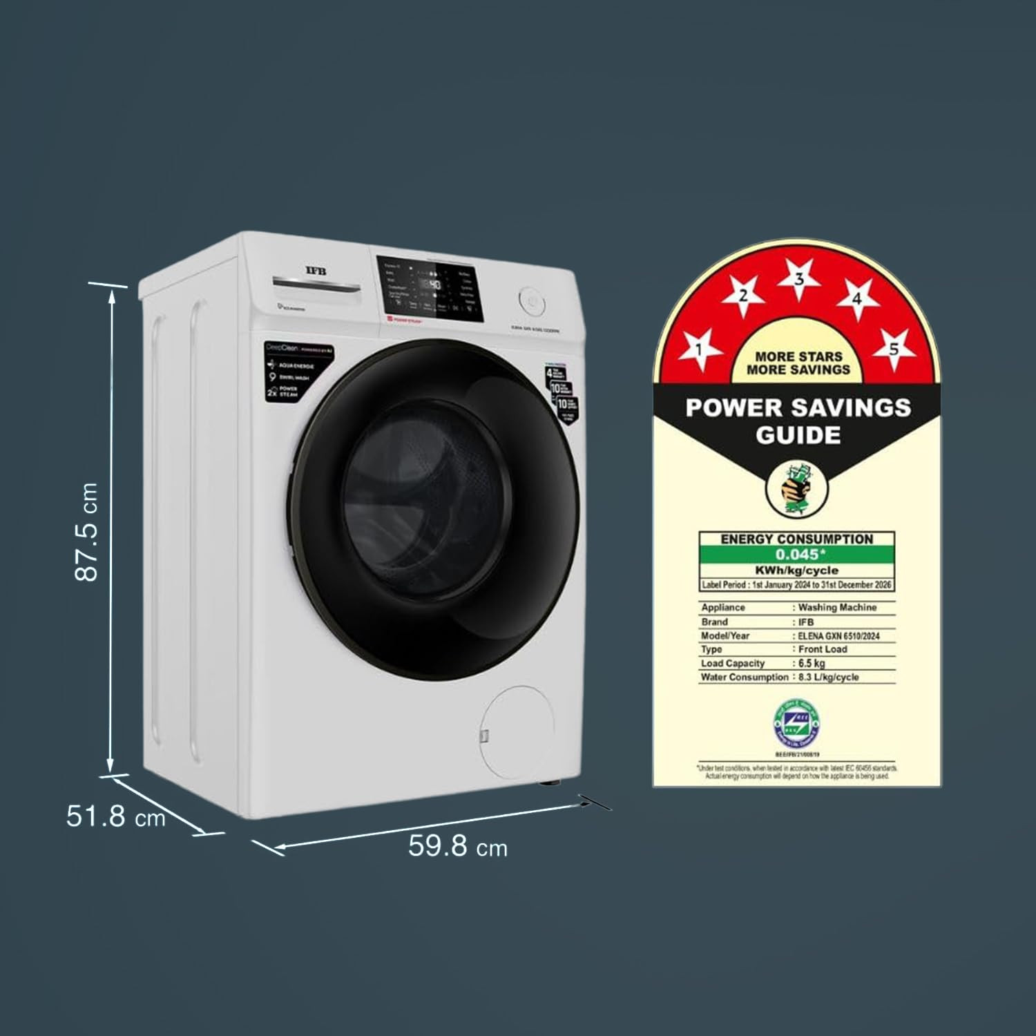 IFB 65 Kg 5 Star Powered by AI with 9 Swirl Wash Fully Automatic Front Load Washing Machine ELENA GXN 6510 Steam Refresh Program with Eco Inverter Grey