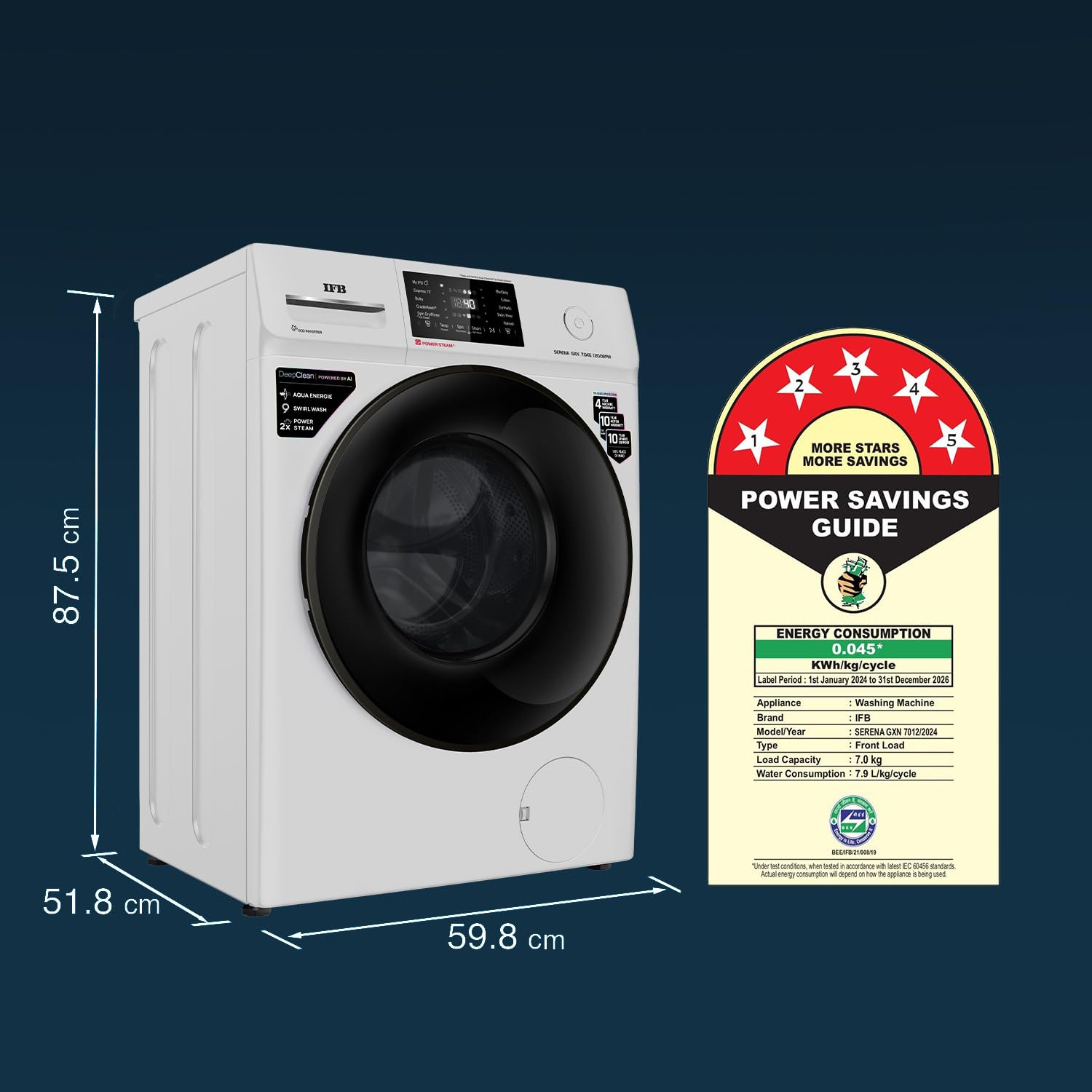 IFB 7 Kg 5 Star Powered by AI with 9 Swirl Wash WiFi Fully Automatic Front Load Washing Machine SERENA GXN 7012 Steam Refresh Program with Eco Inverter Grey