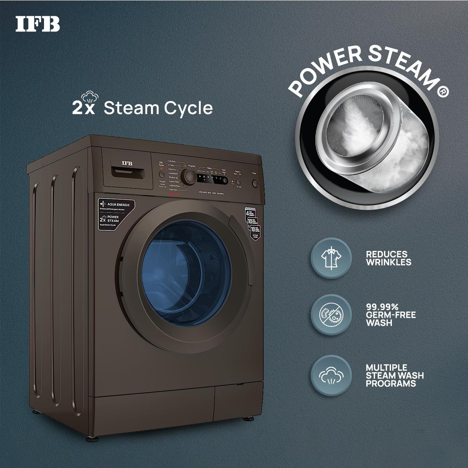IFB 7 Kg 5 Star with 2X Power Steam AI Powered Fully Automatic Front Load Washing Machine DIVA AQUA MXS 7010 In-built Heater Mocha