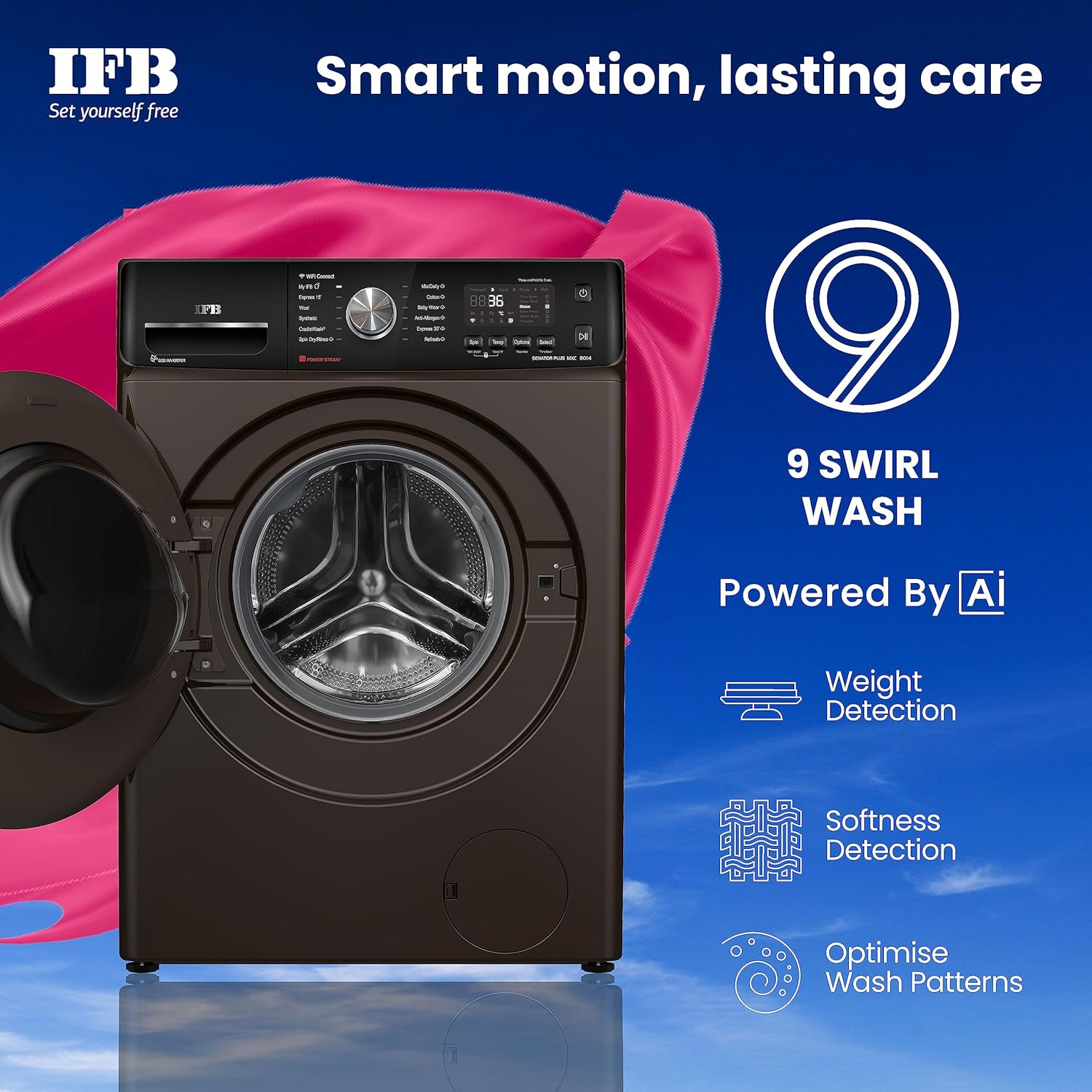 IFB 8 Kg 5 Star AI Eco Inverter Fully Automatic Smart Front Load Washing MachinesSENATOR PLUS MXC 8014 2023 Model Mocha 3D Wash Technology 4 Years Comprehensive Warranty