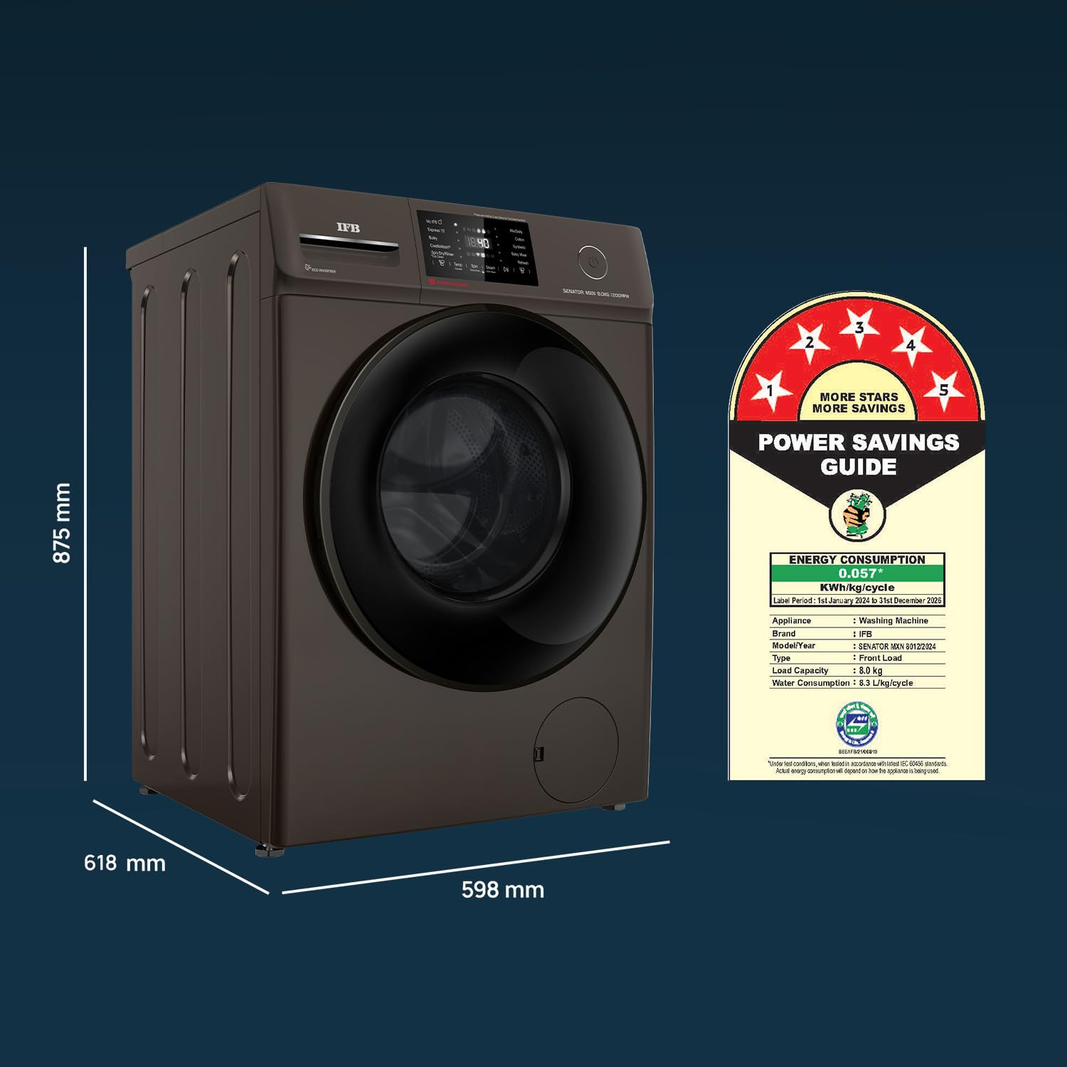 IFB 8 Kg 5 Star Powered by AI with 9 Swirl Wash WiFi Fully Automatic Front Load Washing Machine Senator MXN 8012 Steam Refresh Program with Eco Inverter Mocha