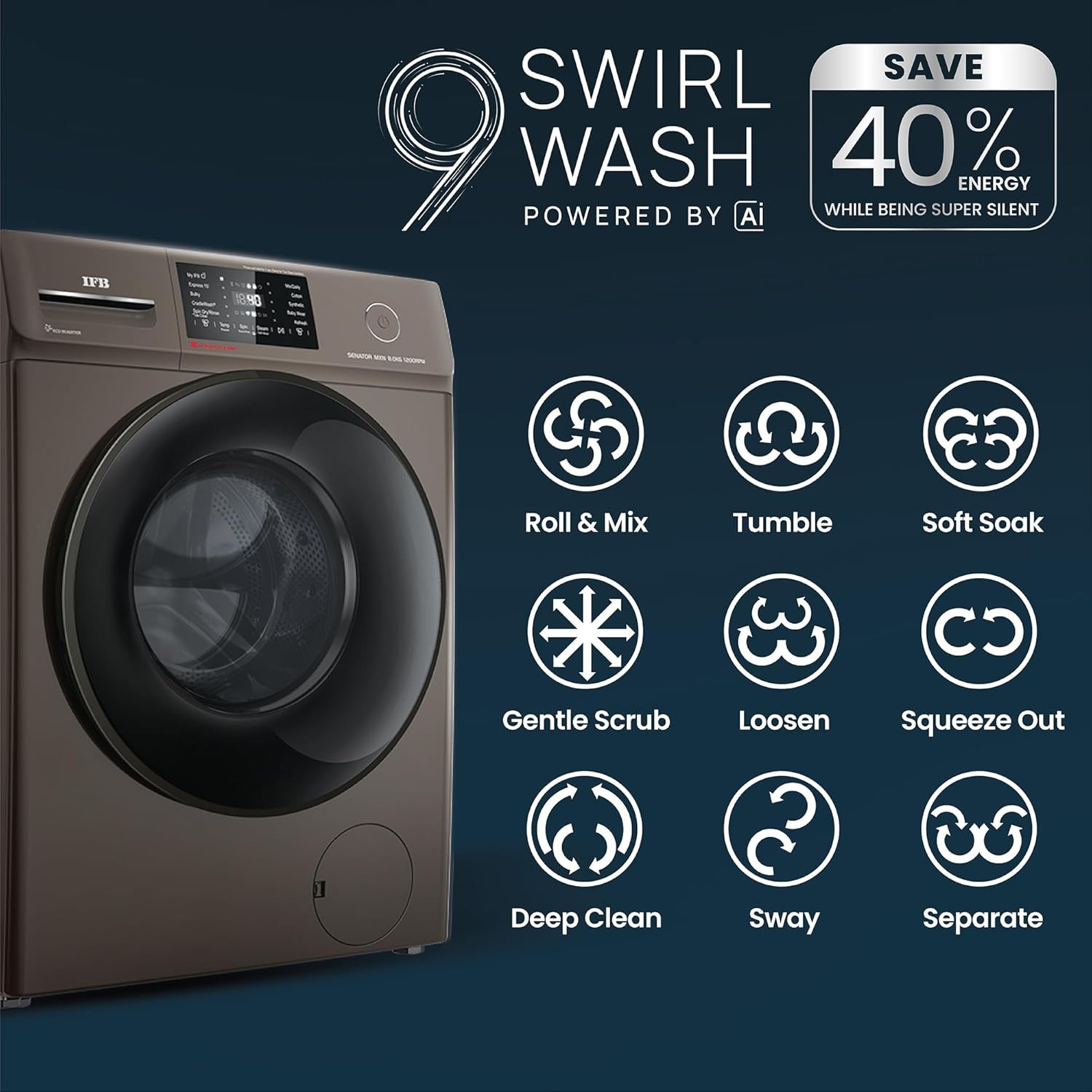 IFB 8 Kg 5 Star Powered by AI with 9 Swirl Wash WiFi Fully Automatic Front Load Washing Machine Senator MXN 8012 Steam Refresh Program with Eco Inverter Mocha