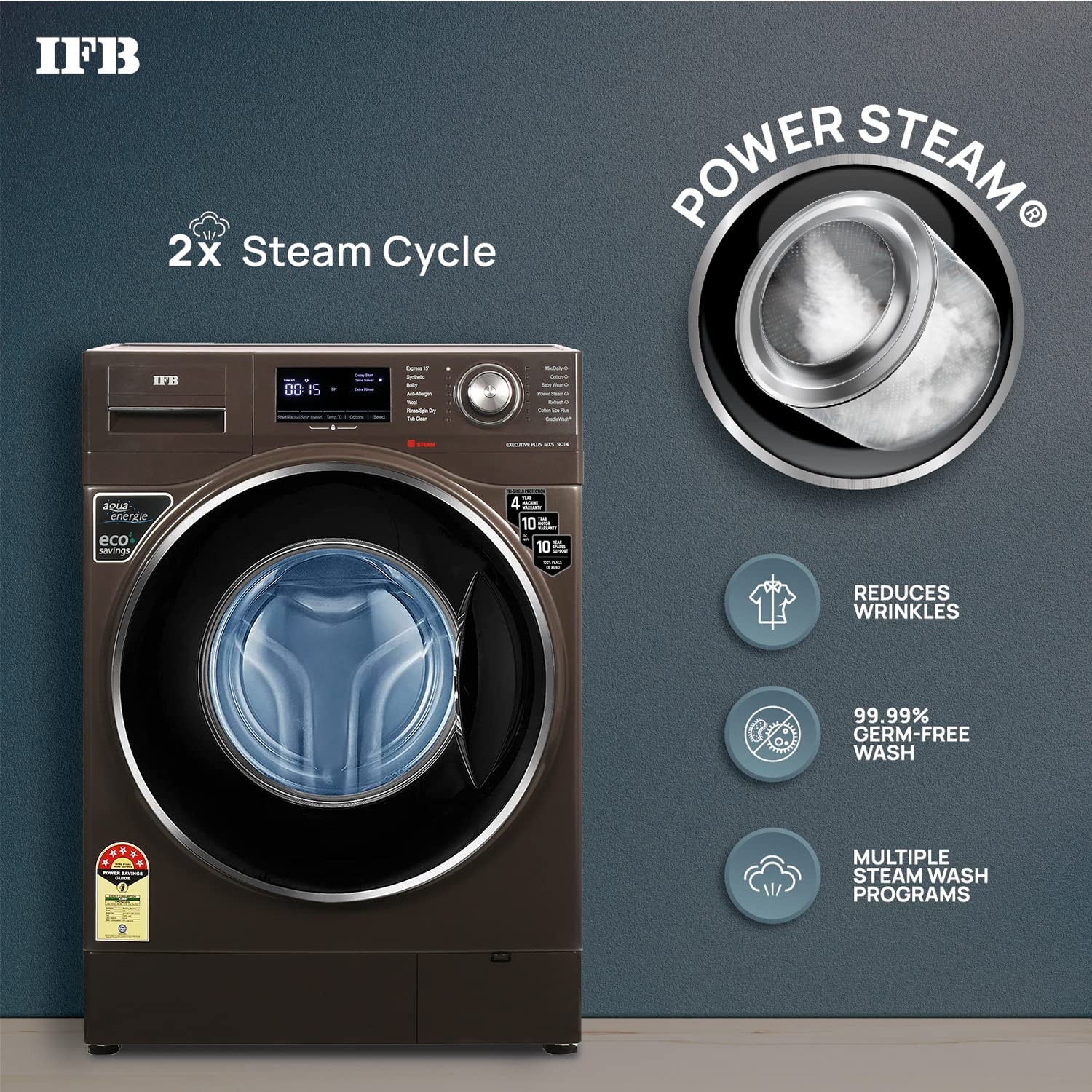 IFB 9 Kg 5 Star Front Load Washing Machine 2X Power Steam EXECUTIVE PLUS MXS Mocha In-built Heater 4 years Comprehensive Warranty