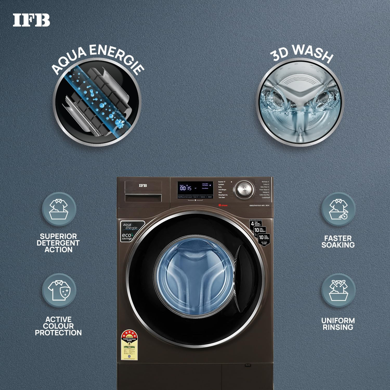 IFB 9 Kg 5 Star Front Load Washing Machine 2X Power Steam EXECUTIVE PLUS MXS Mocha In-built Heater 4 years Comprehensive Warranty