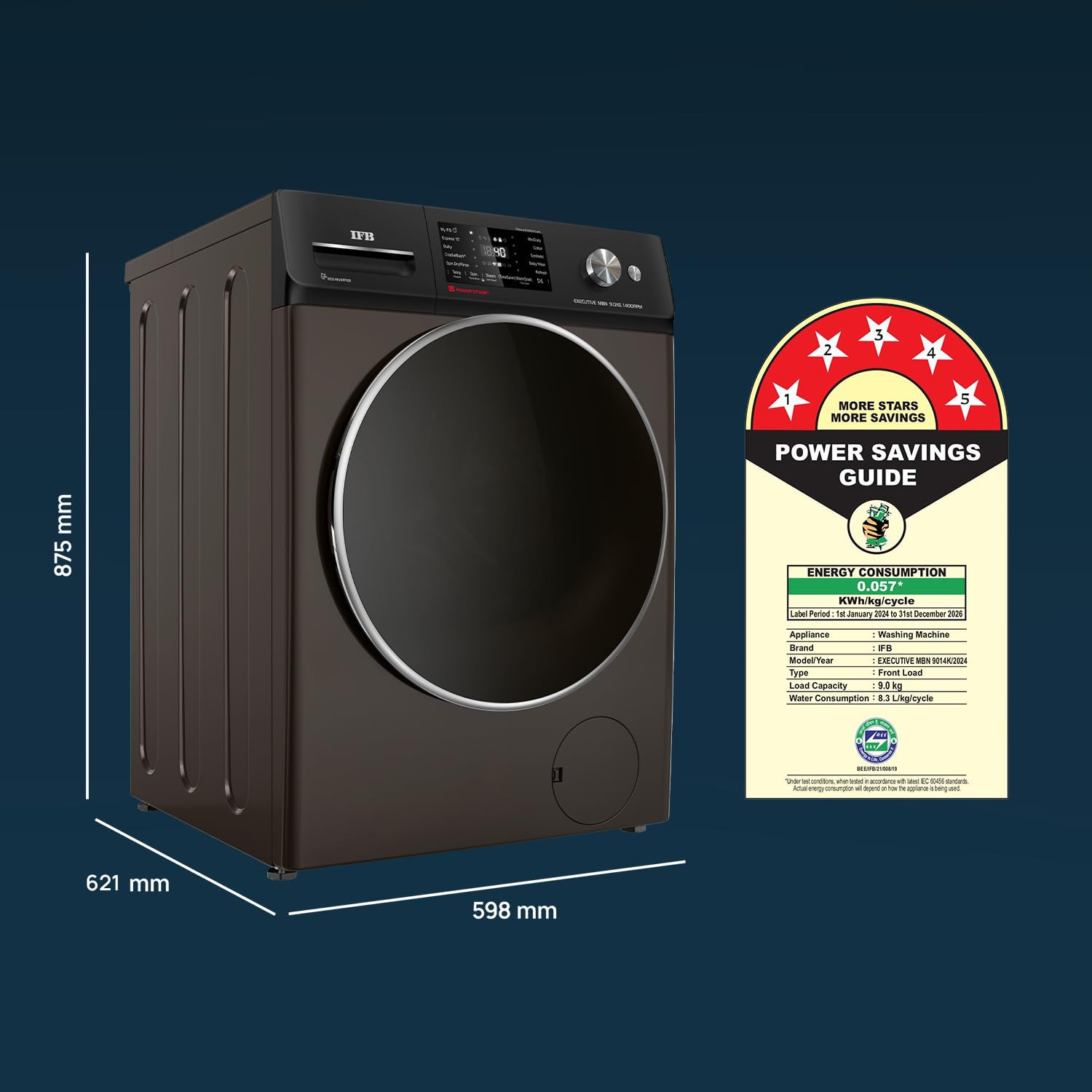 IFB 9 Kg 5 Star Powered by AI with 9 Swirl Wash WiFi Fully Automatic Front Load Washing Machine Executive MBN 9014K Steam Refresh Program with Eco Inverter Mocha