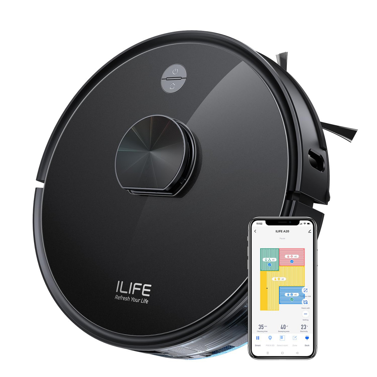 ILIFE A20 Robotic Vacuum Cleaner Lidar Navigation Powerful Suction Customized Schedule Cleaning Ideal for Hard Floor Low Pile Carpet Vacuum and Mop Wi-FiApp Alexa GH Black