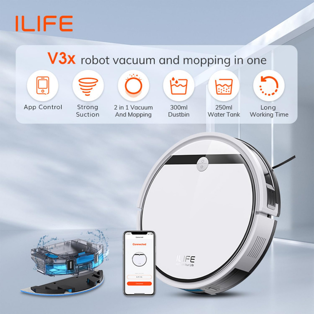 ILIFE V3x Robotic Vacuum Cleaner Powerful Suction Daily Schedule Cleaning Ideal for Hard Floor Hairs and Low Pile CarpetVacuum and Mop White