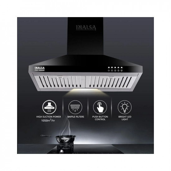 INALSA 60 cm 1050 m3hr Kitchen Chimney Enya BKBF with Stainless Steel Baffle Filters Push Button Control 5 Year Warranty On Motor