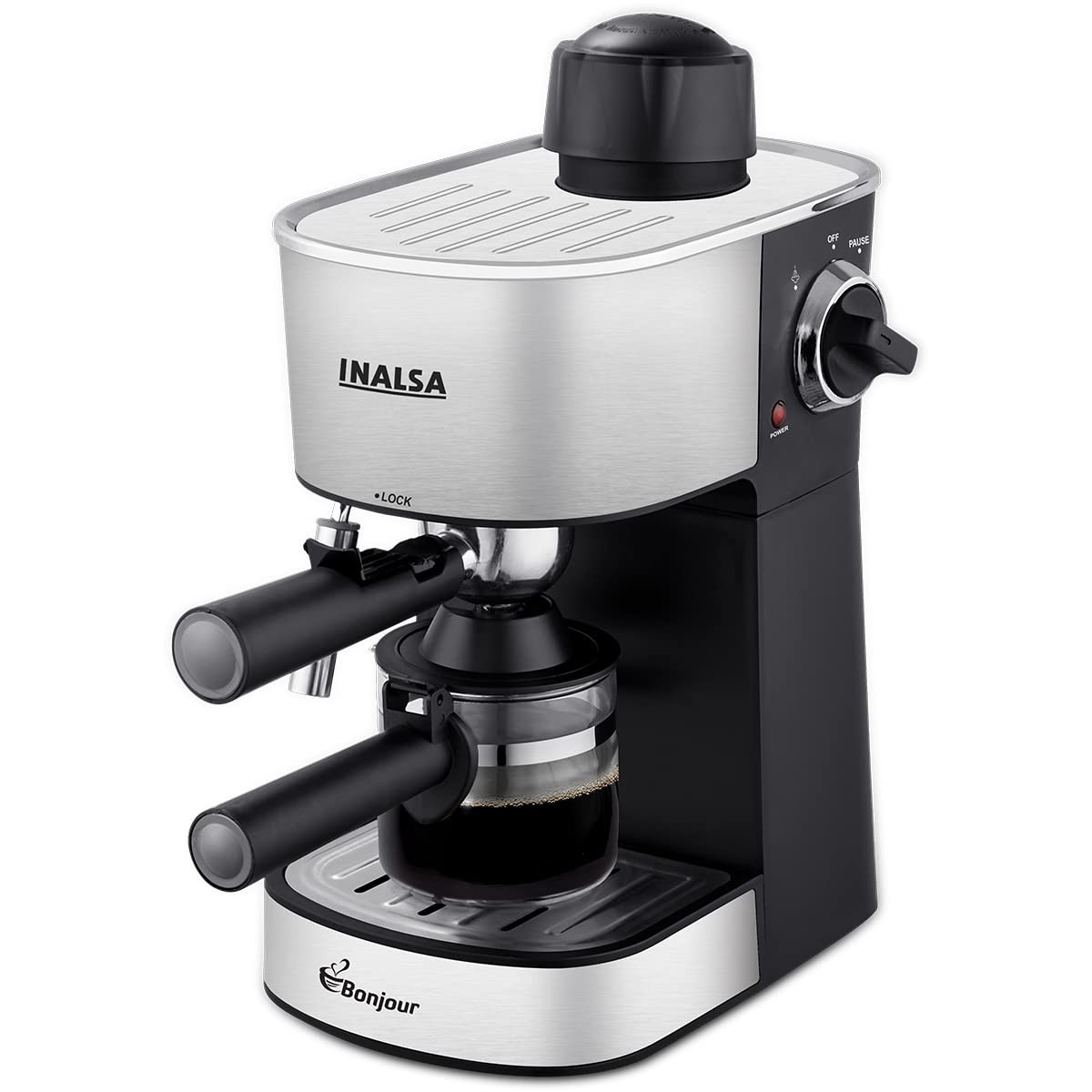 INALSA EspressoCappuccino 4Cup Coffee Maker 800W- Bonjour 3in1- EspressoCappuccino LatteFrothing Function4Bar PressureMultipurpose Control KnobRemovable Drip Tray Borosilicate Glass Carafe