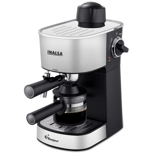 Image of INALSA Espresso/Cappuccino 4Cup Coffee Maker 800W- Bonjour (3in1- Espresso,Cappuccino &amp; Latte)|Frothing Function,4Bar Pressure|Multipurpose Control Knob,Removable Drip Tray &amp; Borosilicate Glass Carafe