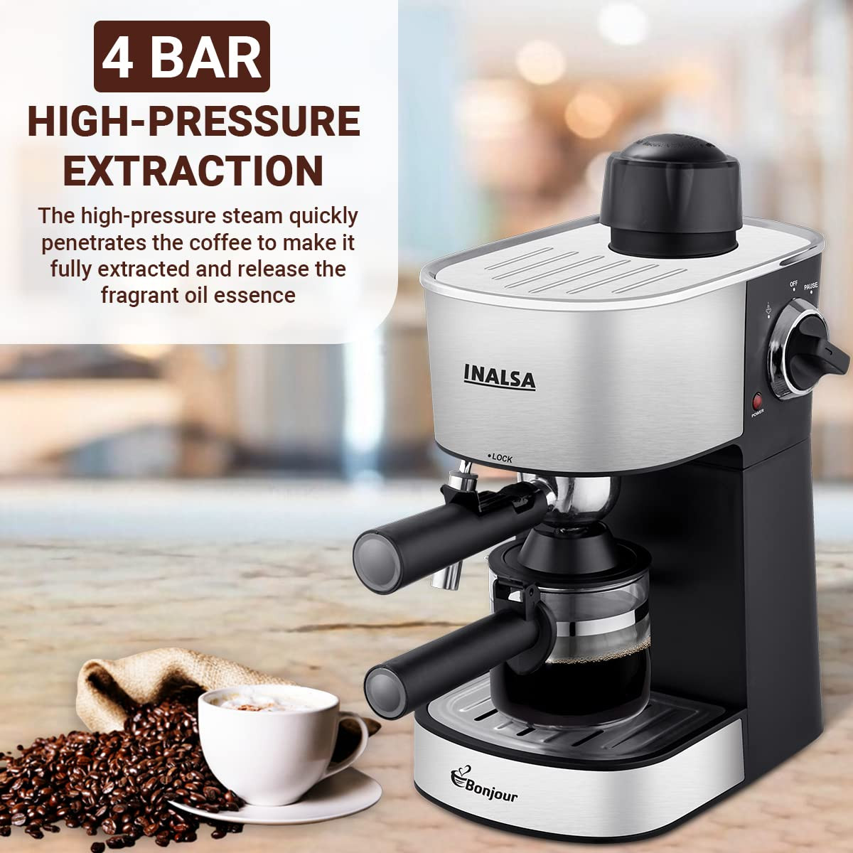 INALSA EspressoCappuccino 4Cup Coffee Maker 800W- Bonjour 3in1- EspressoCappuccino LatteFrothing Function4Bar PressureMultipurpose Control KnobRemovable Drip Tray Borosilicate Glass Carafe