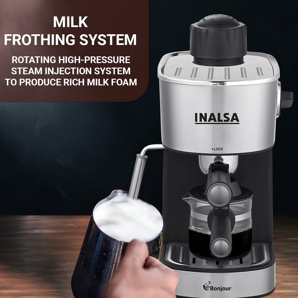 INALSA EspressoCappuccino 4Cup Coffee Maker 800W- Bonjour 3in1- EspressoCappuccino LatteFrothing Function4Bar PressureMultipurpose Control KnobRemovable Drip Tray Borosilicate Glass Carafe