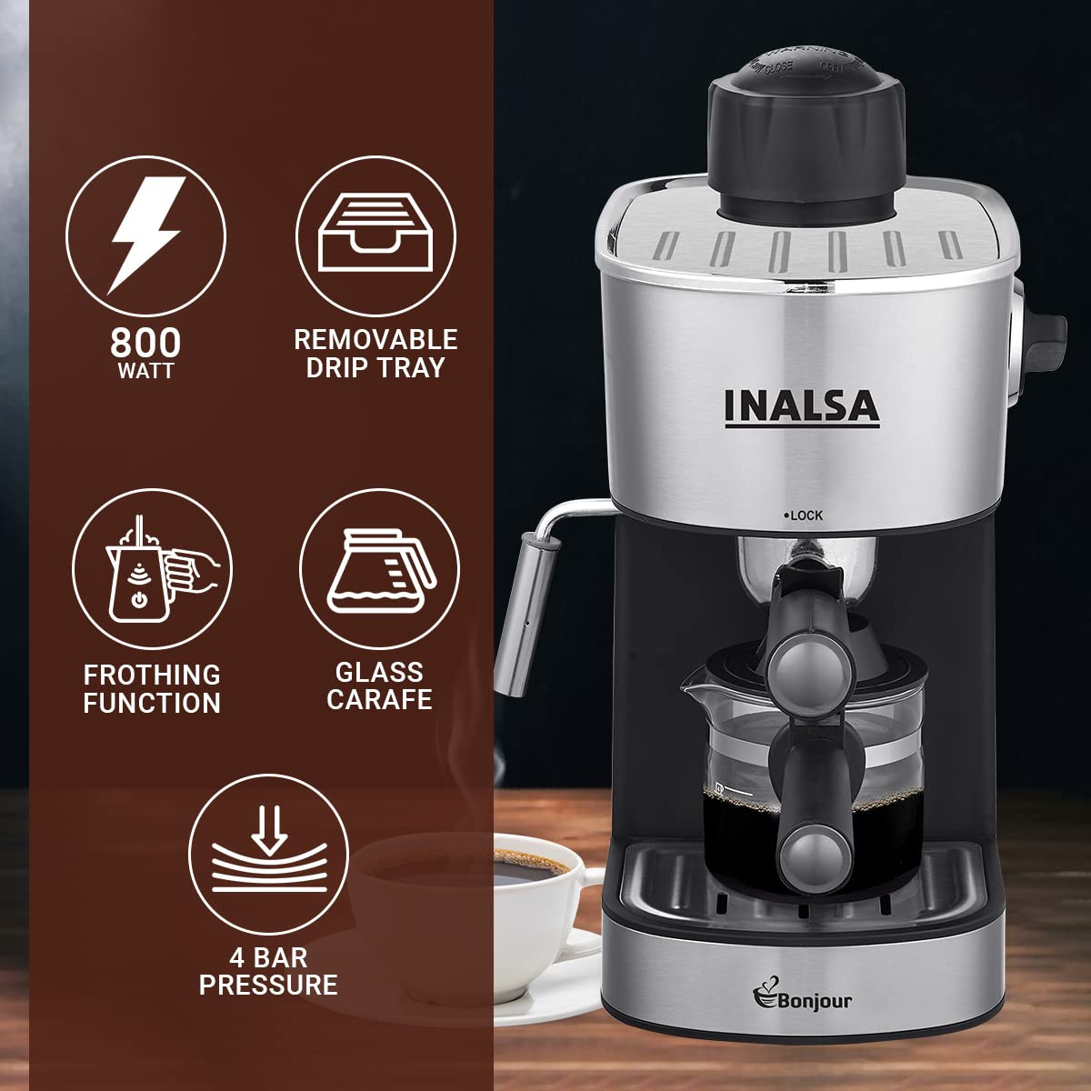 INALSA EspressoCappuccino 4Cup Coffee Maker 800W- Bonjour 3in1- EspressoCappuccino LatteFrothing Function4Bar PressureMultipurpose Control KnobRemovable Drip Tray Borosilicate Glass Carafe