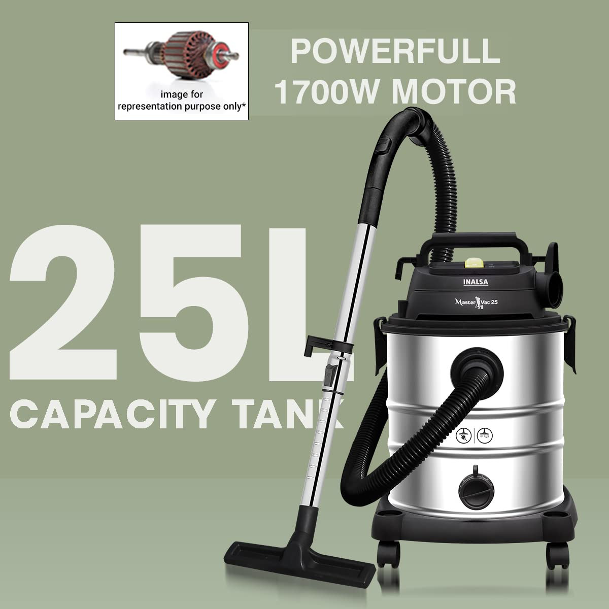 INALSA Vacuum Cleaner Wet and Dry Heavy Duty 1700 W 25 Ltr Capacity22KPA SuctionHEPA Filter Metal Telescopic Tube2 Year WarrantySS Metal TankFor HomeOfficeHotel Cleaning Master Vac 25