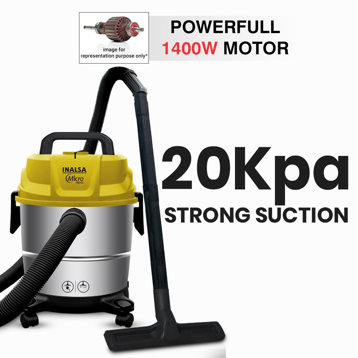 INALSA Wet and Dry Vacuum Cleaner for Home 15 ltr Capacity1400 W 20 kPa Suction Blower FunctionHEPA Filter Wet Vacuum Cleaner for Sofa House Cleaning MachineStainless Steel Body WD 15