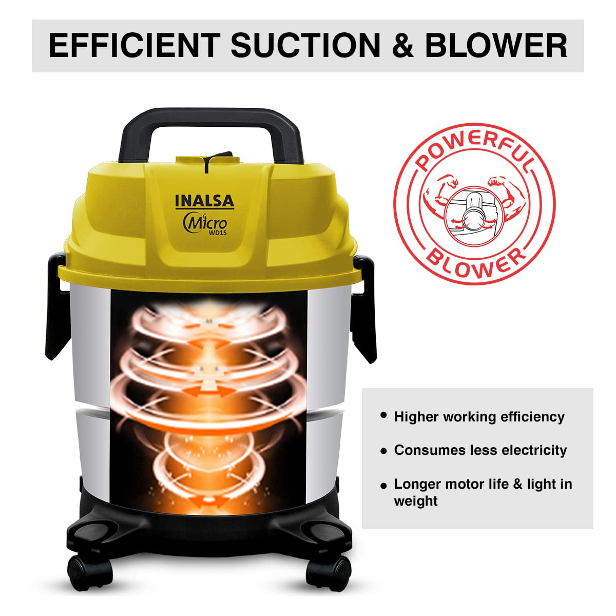 INALSA Wet and Dry Vacuum Cleaner for Home 15 ltr Capacity1400 W 20 kPa Suction  Blower FunctionHEPA Filter Wet Vacuum Cleaner for Sofa House Cleaning MachineStainless Steel Body WD 15