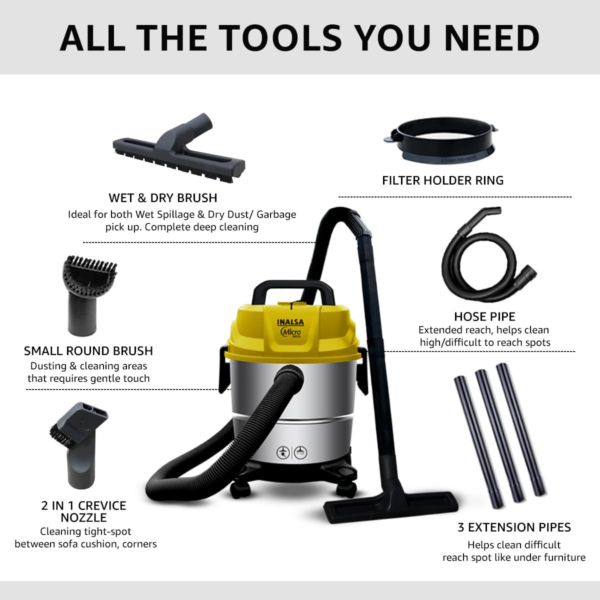 INALSA Wet and Dry Vacuum Cleaner for Home 15 LTR Capacity1400 W 20 kPa Suction Blower FunctionHEPA Filter Wet Vacuum Cleaner for Sofa House Cleaning MachineStainless Steel Body WD 15