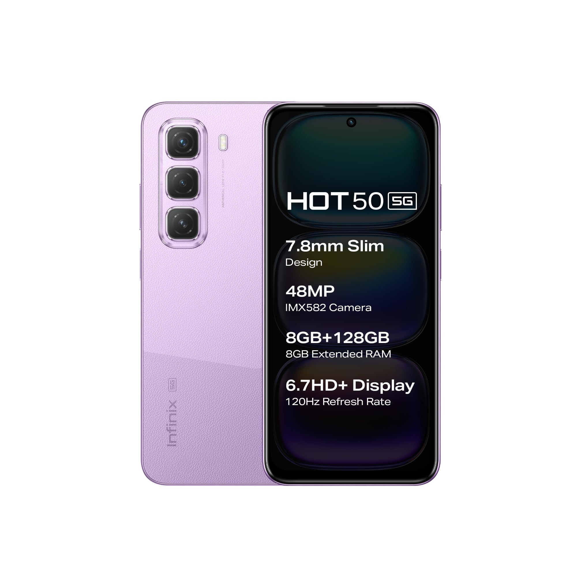 Infinix HOT 50 5G Dreamy Purple 4GB RAM 128GB Storage 5 Year Fluency Rating  48MP Camera  5000mAh Battery with FastCharge  78mm Slim Design AI