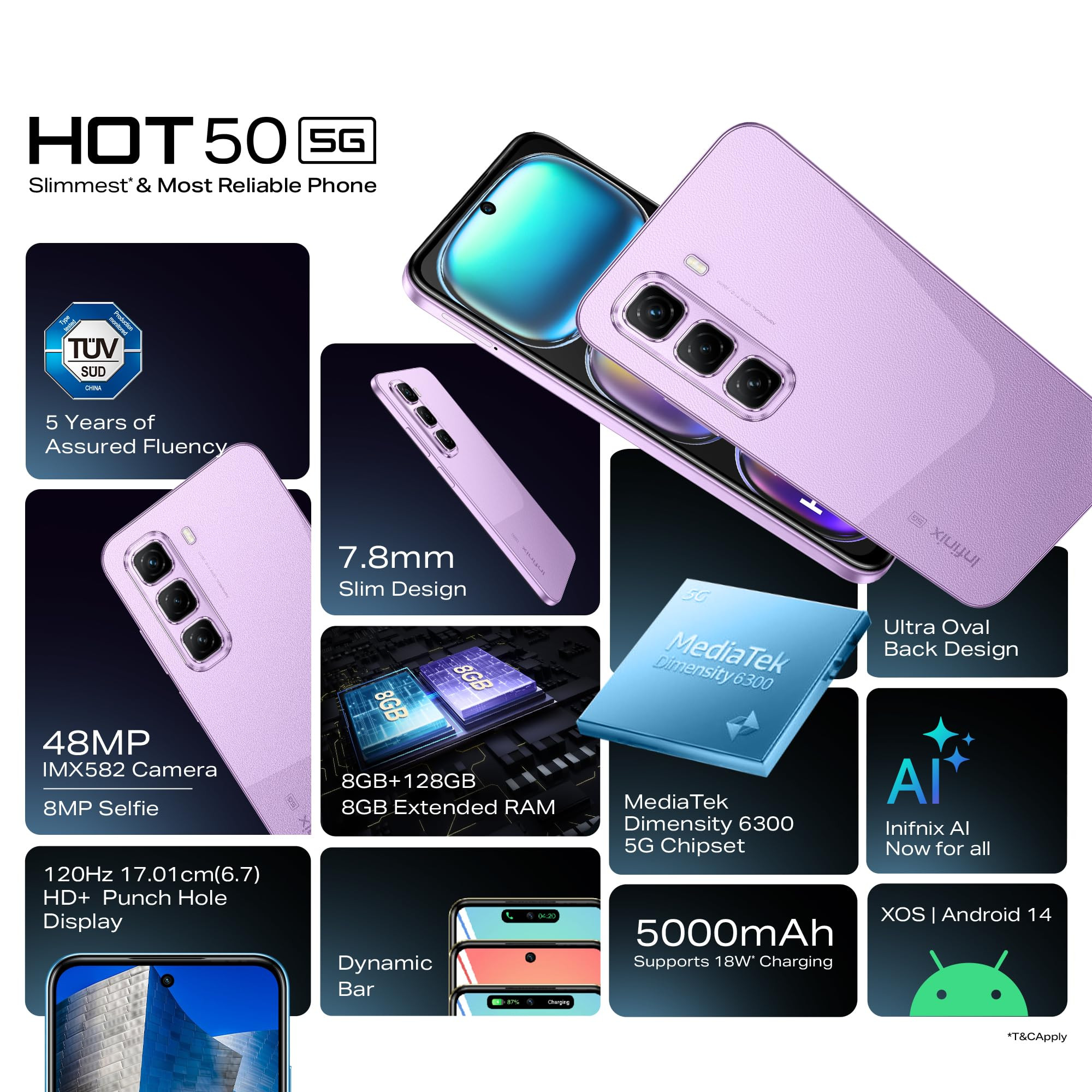Infinix HOT 50 5G Dreamy Purple 4GB RAM 128GB Storage 5 Year Fluency Rating 48MP Camera 5000mAh Battery with FastCharge 78mm Slim Design AI