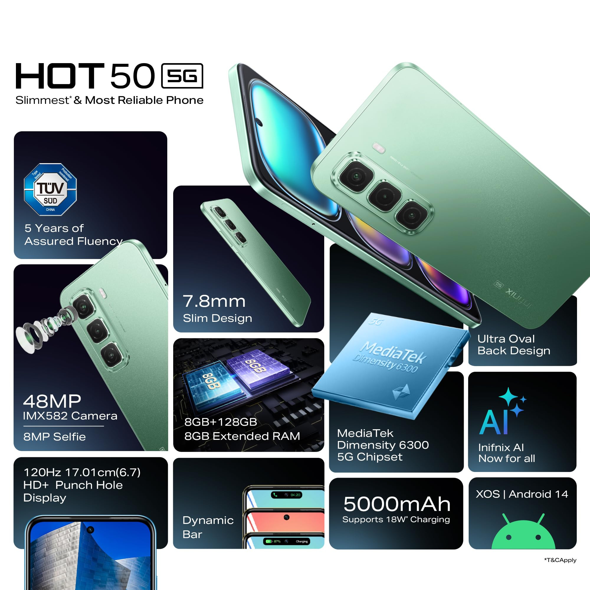 Infinix HOT 50 5G Sage Green 4GB RAM 128GB Storage 5 Year Fluency Rating 48MP Camera 5000mAh Battery with FastCharge 78mm Slim Design AI