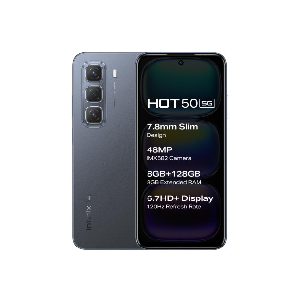 Image of Infinix HOT 50 5G (Seek Black, 8GB RAM, 128GB Storage)| 5 Year Fluency Rating | 48MP Sony Camera | 5000mAh Battery with FastCharge | 7.8mm Slim Design AI