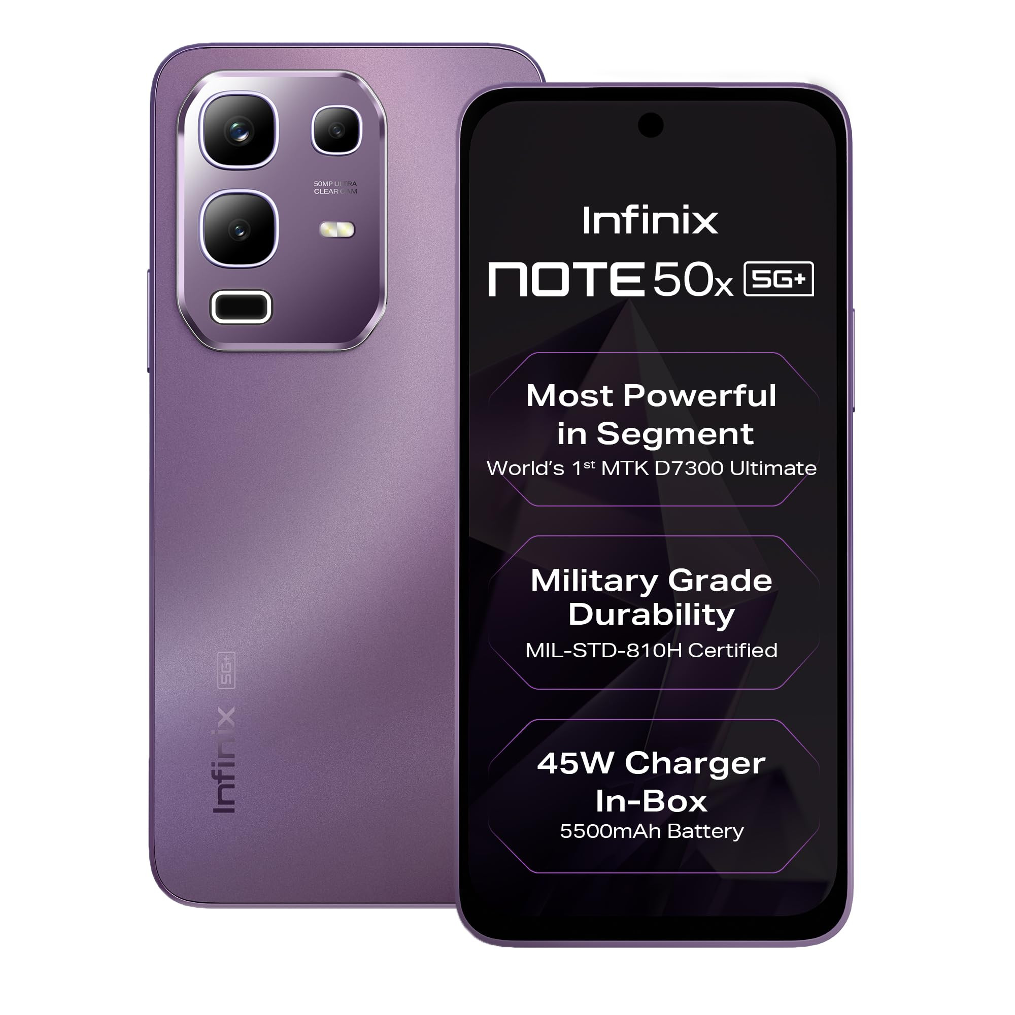 Infinix Note 50x 5G Enchanted Purple 8GB RAM 128GB Storage MediaTek D7300 Ultimate 90FPS BGMI Gaming 5500mAH Battery with 45W FastCharge 650K AnTuTu AI