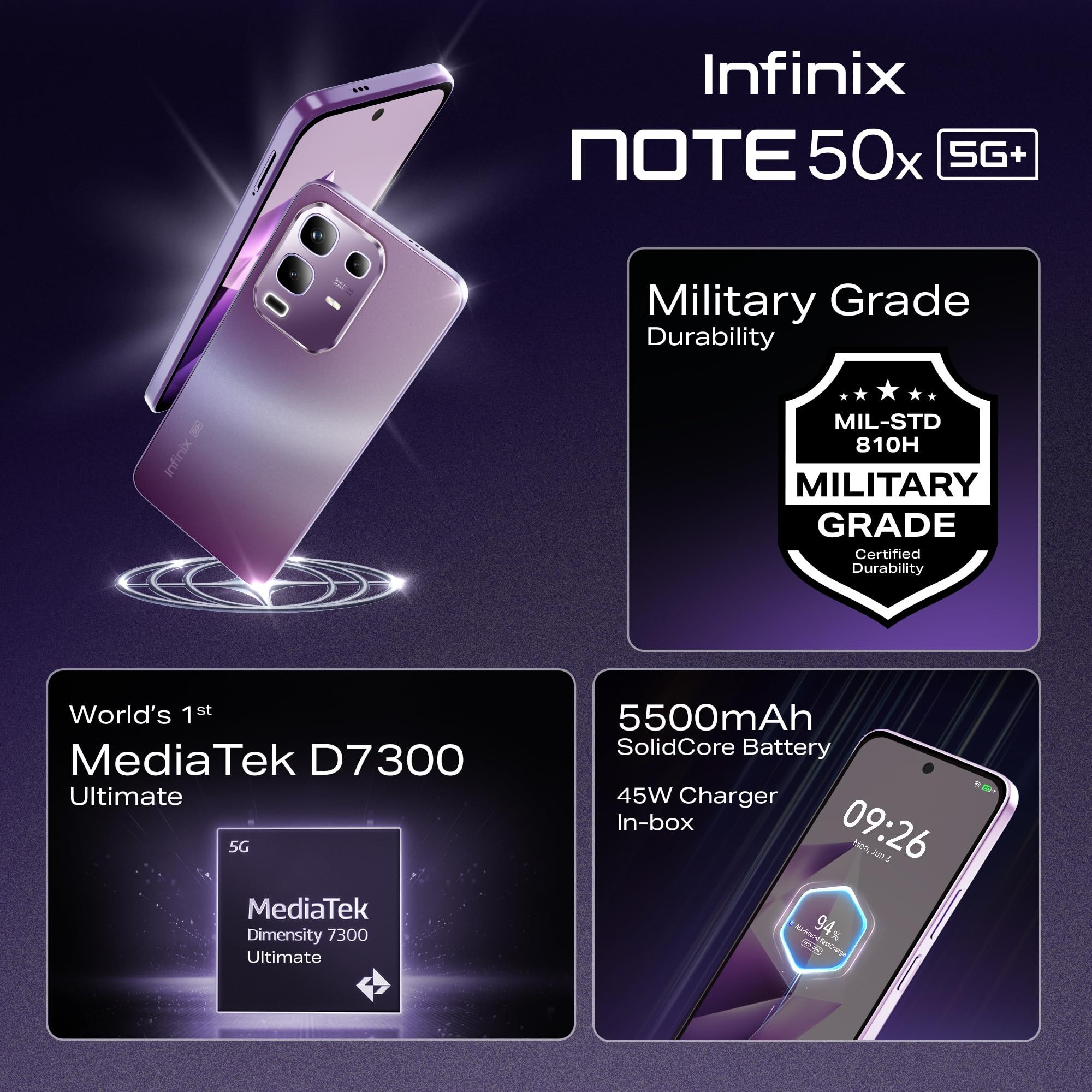 Infinix Note 50x 5G Enchanted Purple 8GB RAM 128GB Storage MediaTek D7300 Ultimate 90FPS BGMI Gaming 5500mAH Battery with 45W FastCharge 650K AnTuTu AI