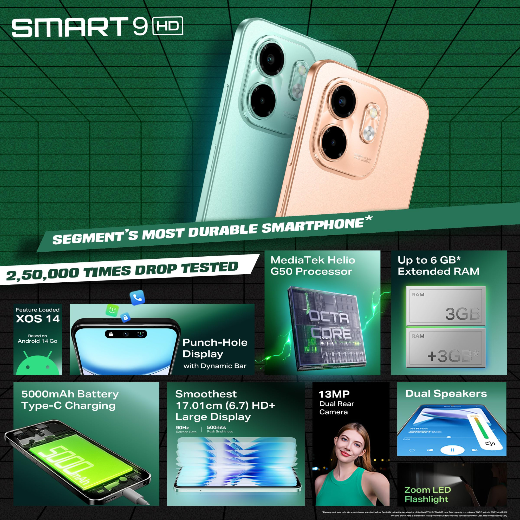 Infinix Smart 9 HD Coral Gold 3GB RAM 64GB Storage  250K Drop Tests  90Hz Punch Hole Display  5000mAh Battery
