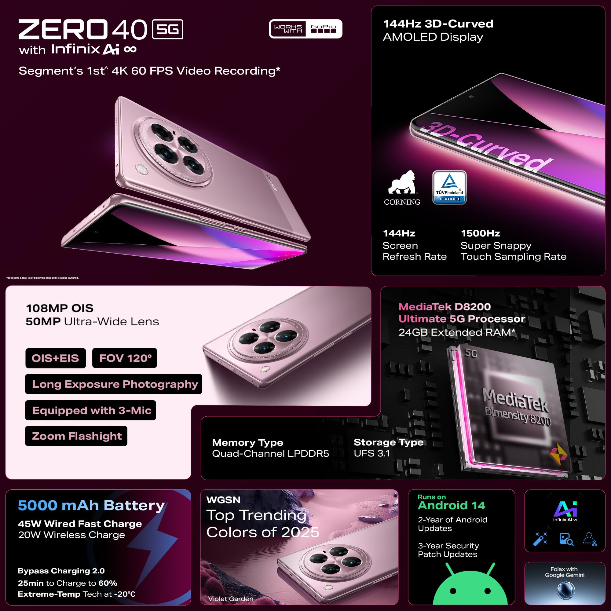 Infinix Zero 40 5G Rock Black 24GB RAM-12GB RAM  12GB Virtual RAM 256GB Storage  4K 60FPS Video Recording  144Hz 3D Curved AMOLED Display  108MP OIS Triple Camera AI