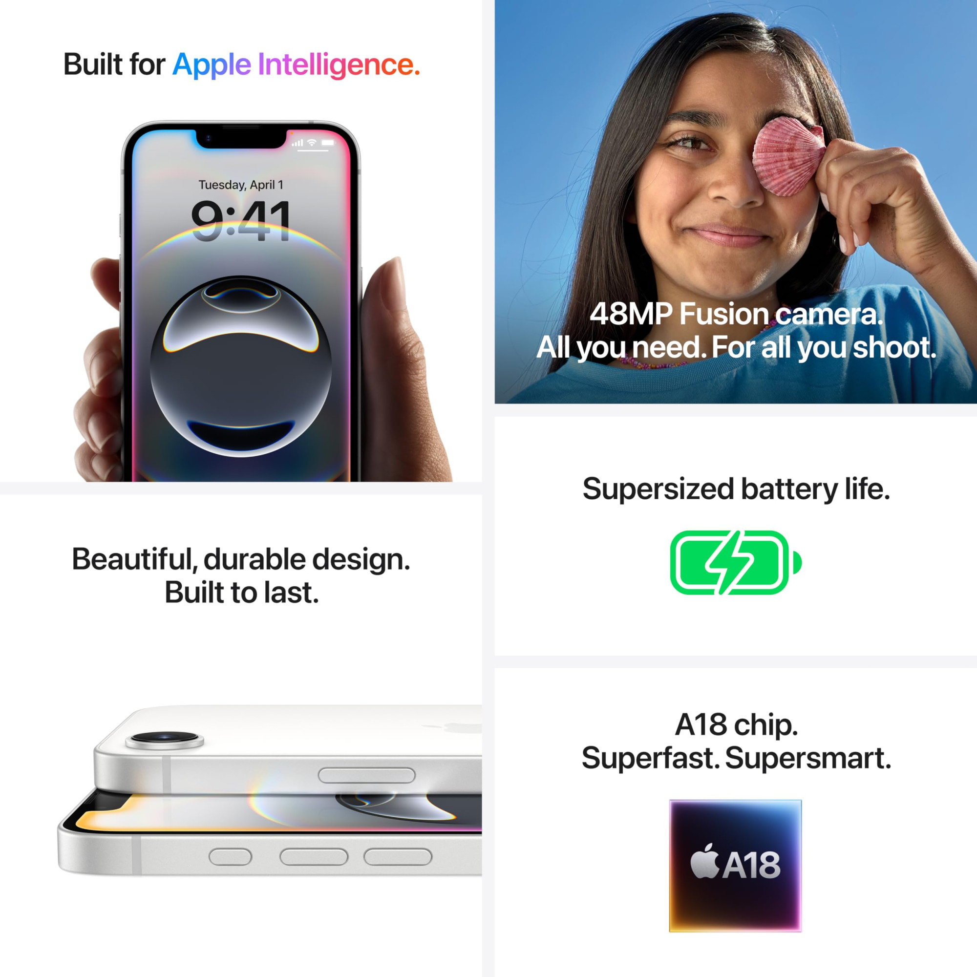 iPhone 16e 128 GB Built for Apple Intelligence A18 Chip Supersized Battery Life 48MP Fusion Camera 1540 cm 61 Super Retina XDR Display White