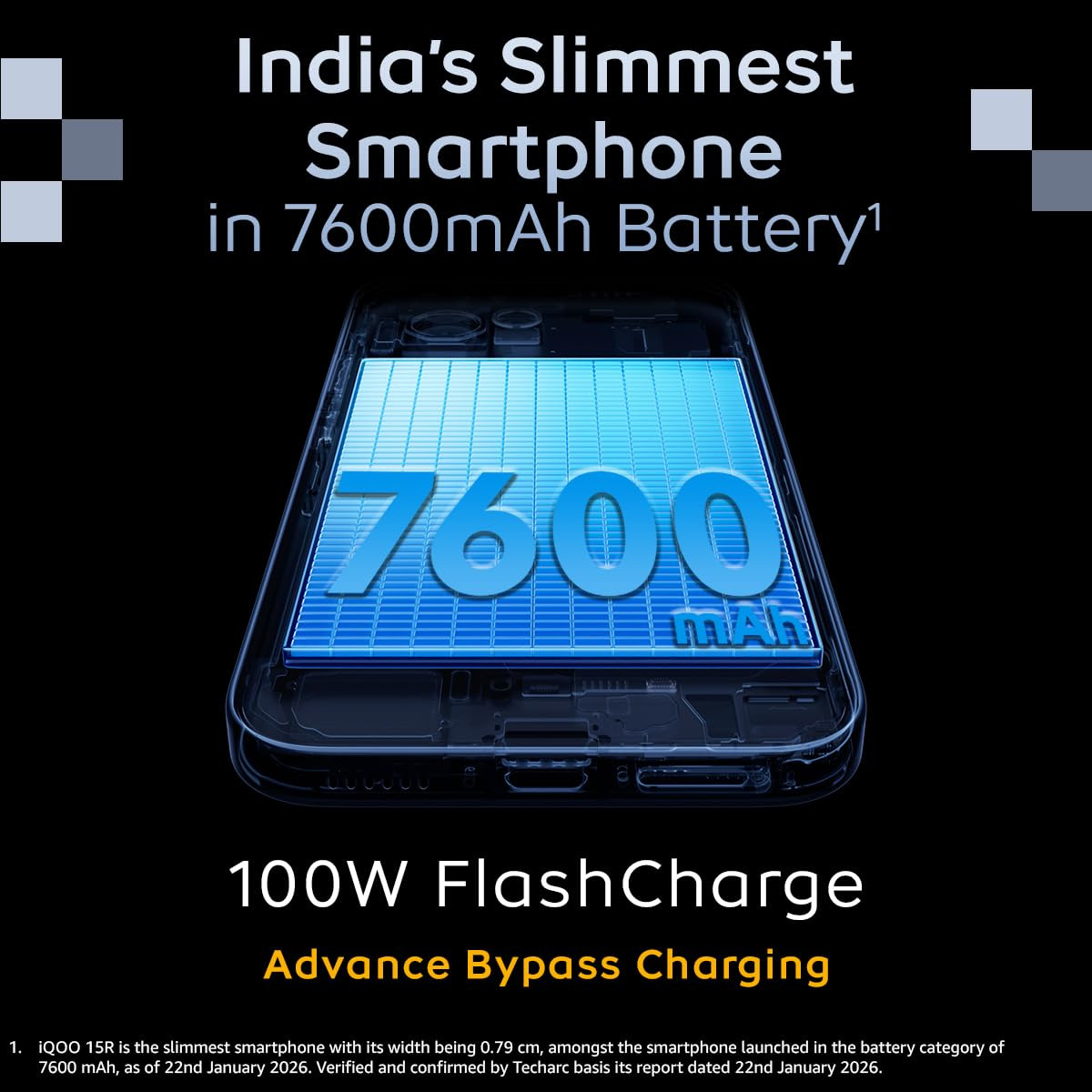 iQOO 15R Dark Knight 8GB RAM 256GB Storage Snapdragon 8 Gen 5 Processor Indias Slimmest Smartphone in 7600mAh Battery Segments Most Stable 144FPS Gaming