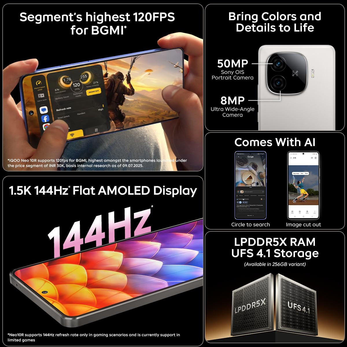 iQOO Neo 10R 5G Moonknight Titanium 8GB RAM 256GB Storage Snapdragon 8s Gen 3 Processor Indias Slimmest 6400mAh Battery Smartphone Segments Most Stable 90FPS for 5 Hours