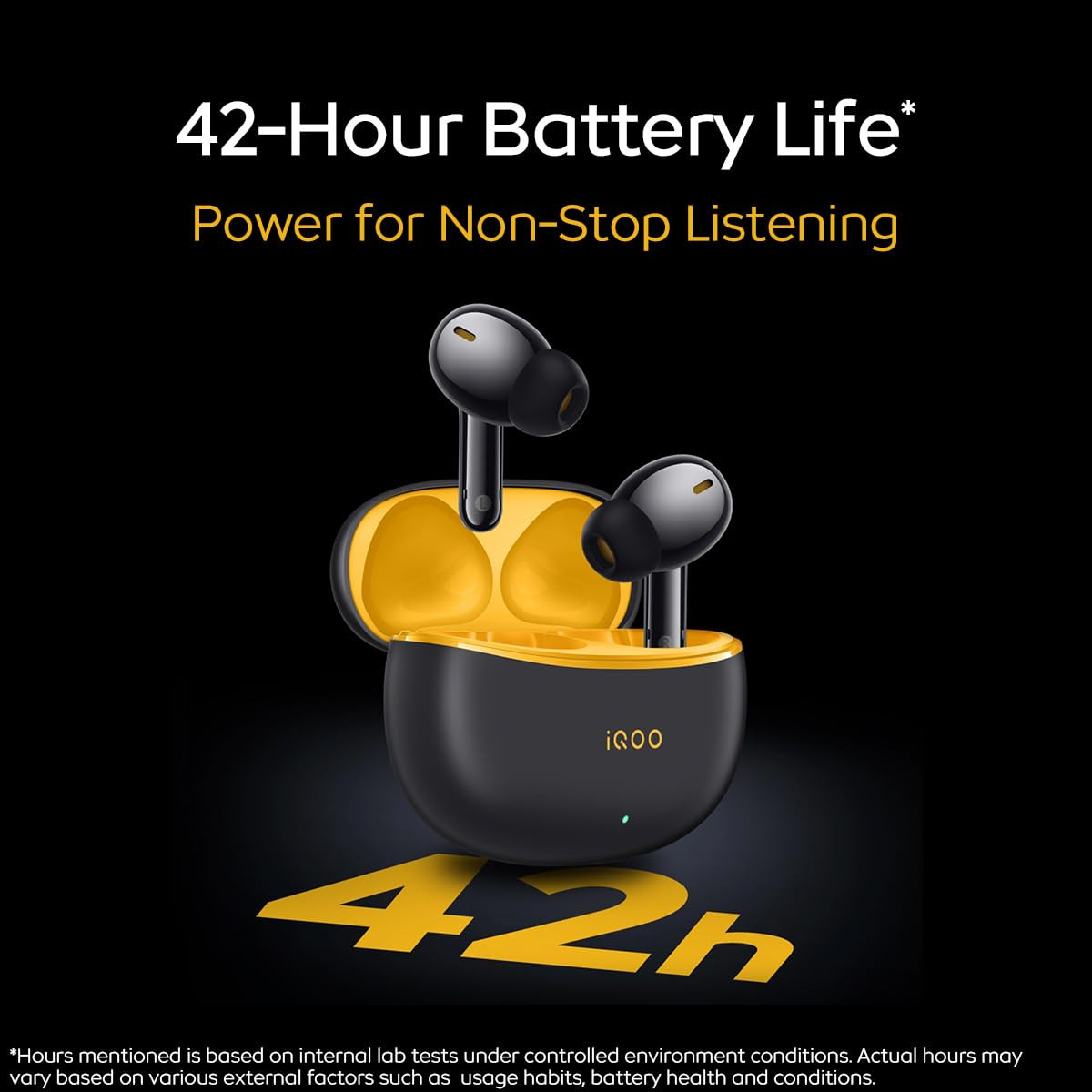 iQOO TWS 1e in-Ear Earbuds with Mic Upto 30dB Active Noise Cancellation Fast Charging which Takes 10 mins for 3 Hours Playtime with Upto 42 hrs Playback time Flame Yellow