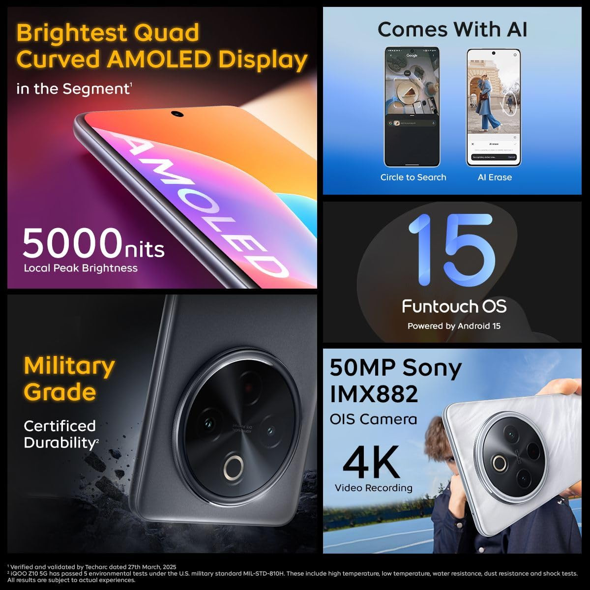 iQOO Z10 5G Glacier Silver 8GB RAM 256GB Storage Indias Biggest Ever 7300 mAh Battery Snapdragon 7s Gen 3 Processor Brightest Quad Curved AMOLED Display in The Segment