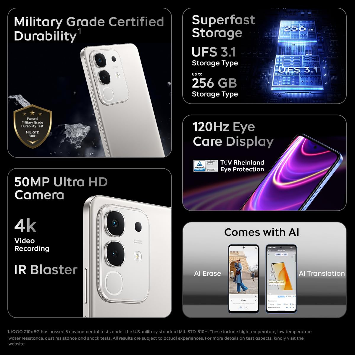 iQOO Z10x 5G Titanium 6GB RAM 128GB Storage  6500 mAh Large Capacity Battery  Dimensity 7300 Processor  Military-Grade Durability