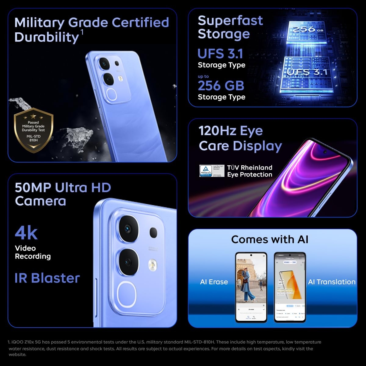 iQOO Z10x 5G Ultramarine 6GB RAM 128GB Storage  6500 mAh Large Capacity Battery  Dimensity 7300 Processor  Military-Grade Durability