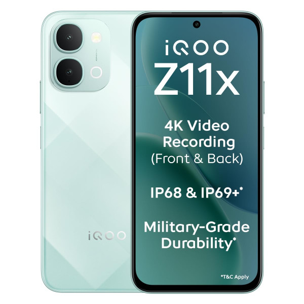 Image of iQOO Z11x 5G (Prismatic Green, 6GB RAM, 128 GB Storage) | Dimensity 7400-Turbo Processor | 7200 mAh Battery | 4K Video Recording Front &amp; Back | IP68 &amp; IP69+ | Powered by OriginOS 6