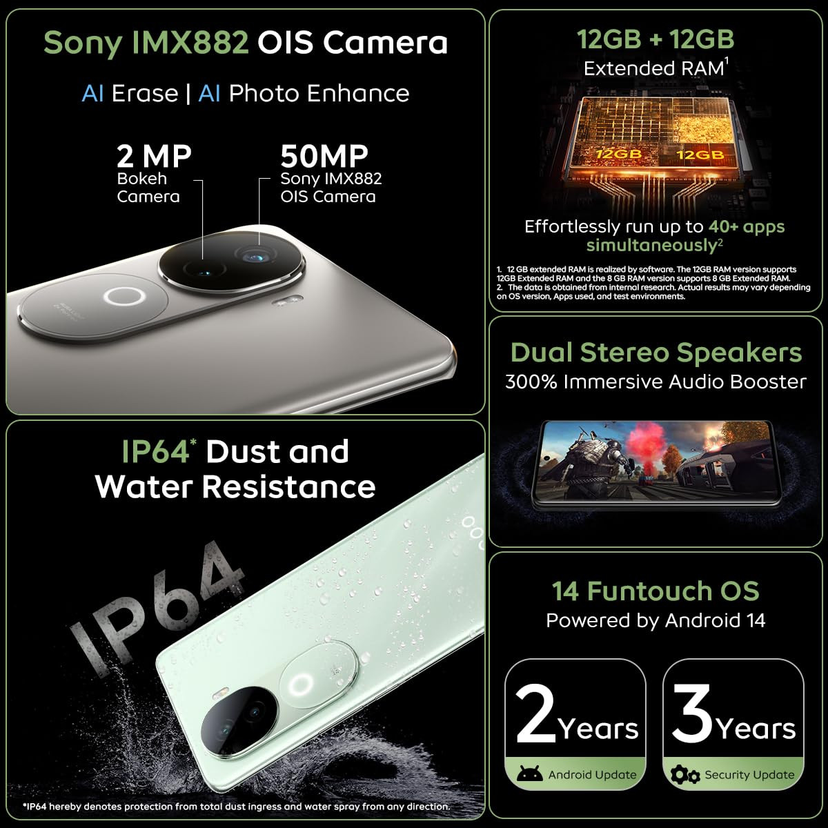iQOO Z9s 5G Onyx Green 8GB RAM 128GB Storage 120 Hz 3D Curved AMOLED Display 5500 mAh Ultra-Thin Battery Dimesity 7300 5G Processor Sony IMX882 OIS Camera with Aura Light